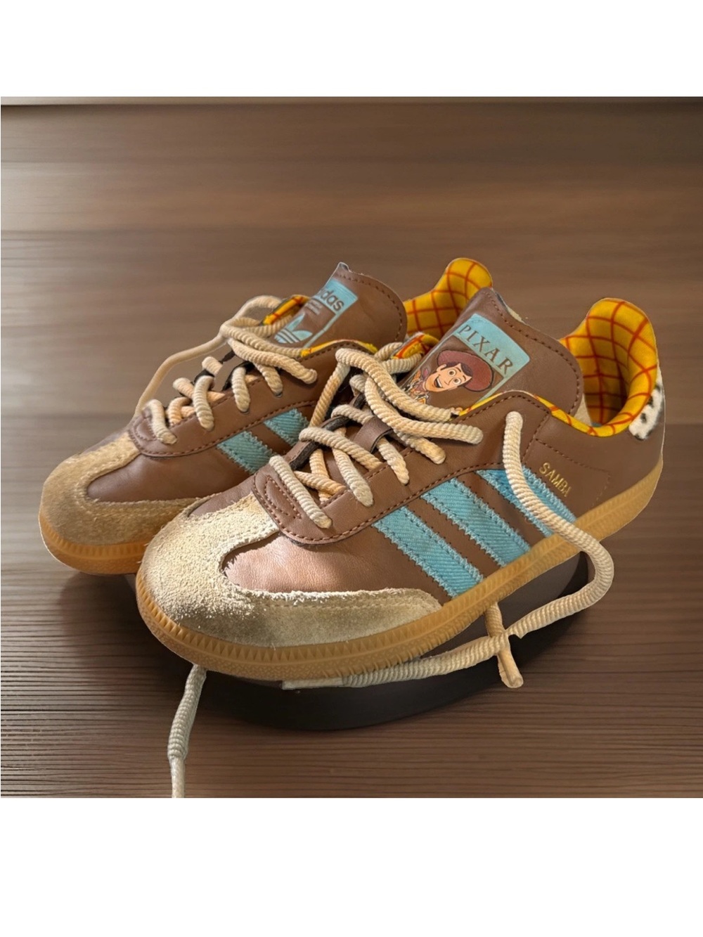 Youth Size 1 Adidas Toy Story “Woody” Sambas Brown & Blue
